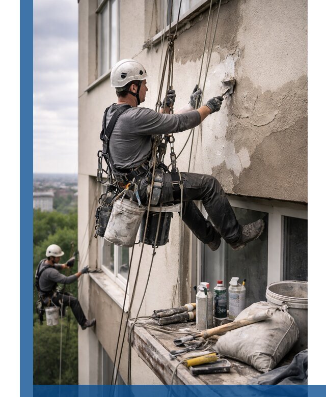Косметический ремонт фасада зданий в Нижнем Тагиле промышленными альпинистами