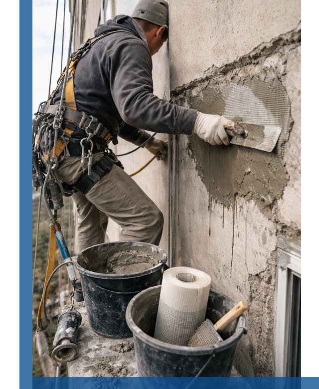 Ремонт бетонных элементов фасада промышленными альпинистами в Нижнем Тагиле