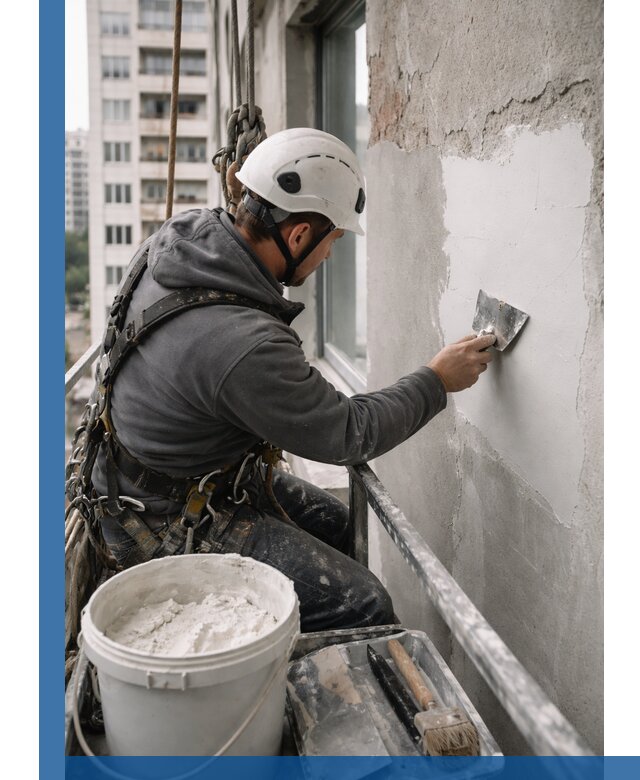 Шпаклевка фасадов на высоте с промальпинистами в Нижнем Тагиле