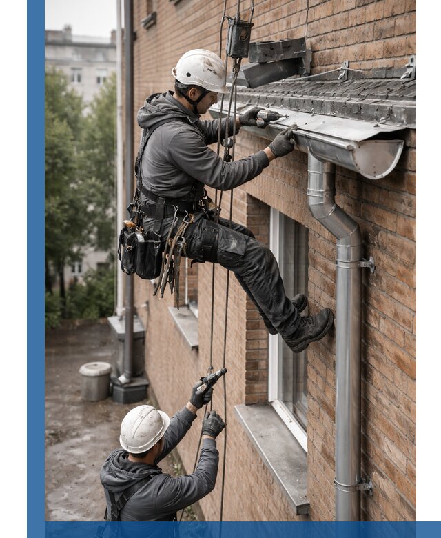 Монтаж водосточной системы на здании в Нижнем Тагиле под ключ