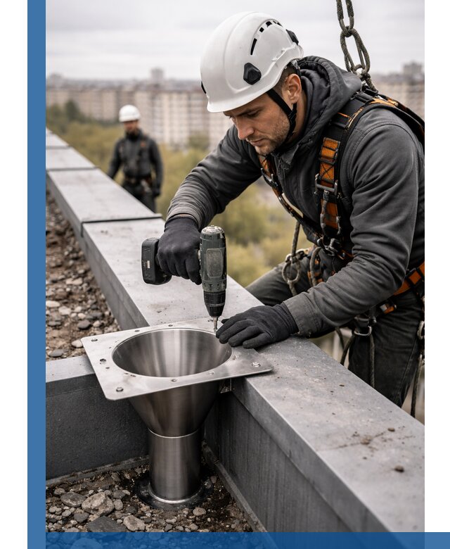 Монтаж водосточных воронок в Нижнем Тагиле для промышленных зданий