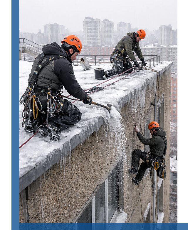 Удаление наледи с кровли в Нижнем Тагиле промышленными альпинистами