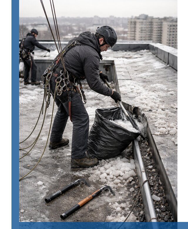 Аварийная очистка кровли в Нижнем Тагиле от промальпинистов