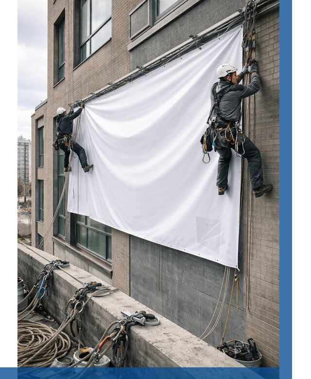 Монтаж баннеров на фасаде в Нижнем Тагиле от 677 р. заказать ВЫСОТНИК-Нжн