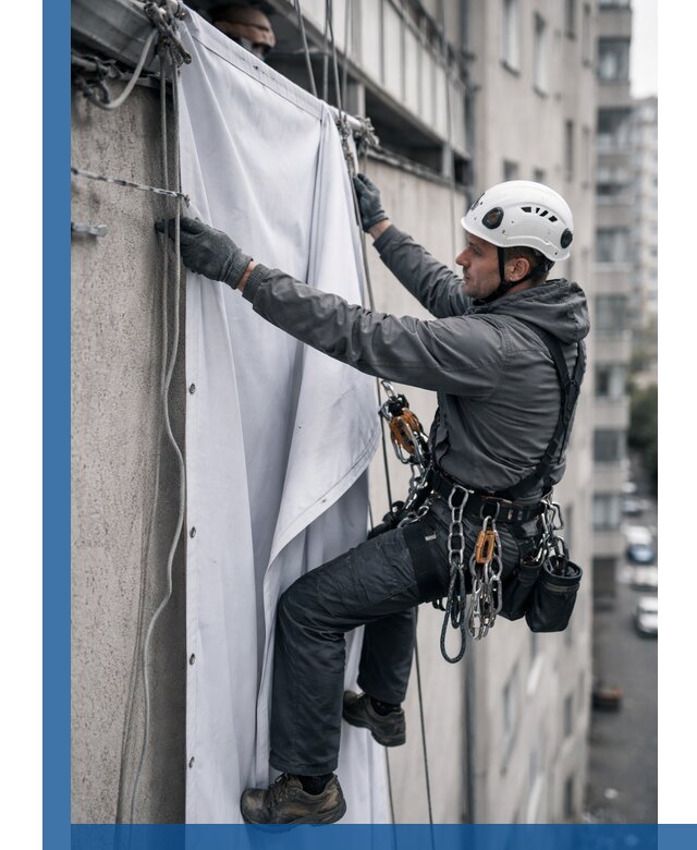 Замена баннерного полотна промышленными альпинистами в Нижнем Тагиле