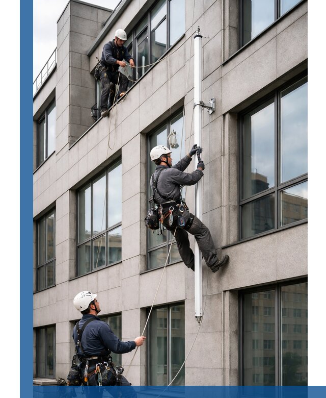 Монтаж флагштока на фасаде здания с креплением и герметикой в Нижнем Тагиле