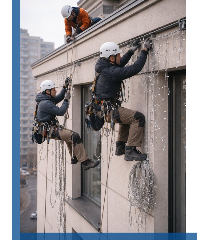 Монтаж праздничных гирлянд на фасаде в Нижнем Тагиле для зданий