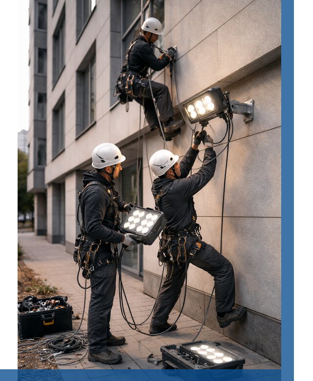 Монтаж прожекторов на фасаде в Нижнем Тагиле от 7807 р. | ВЫСОТНИК-Нжн