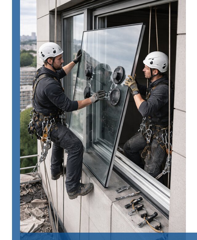 Замена стеклопакетов на высоте с промышленными альпинистами в Нижнем Тагиле