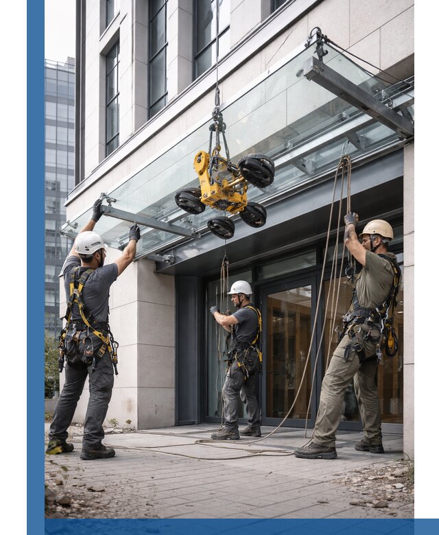 Монтаж стеклянных козырьков под ключ в Нижнем Тагиле для зданий