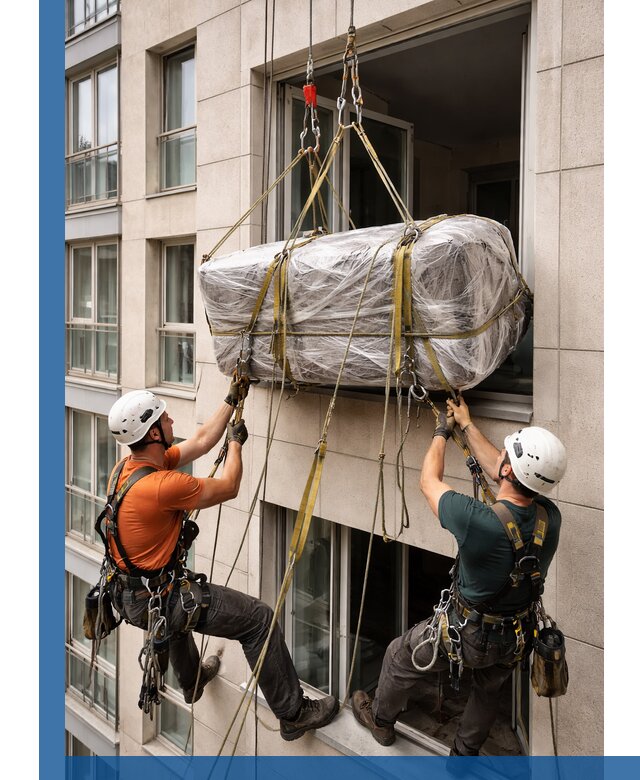 Подъем грузов через окно в Нижнем Тагиле промышленными альпинистами