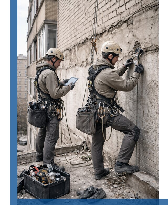 Обследование фасада промышленными альпинистами в Нижнем Тагиле